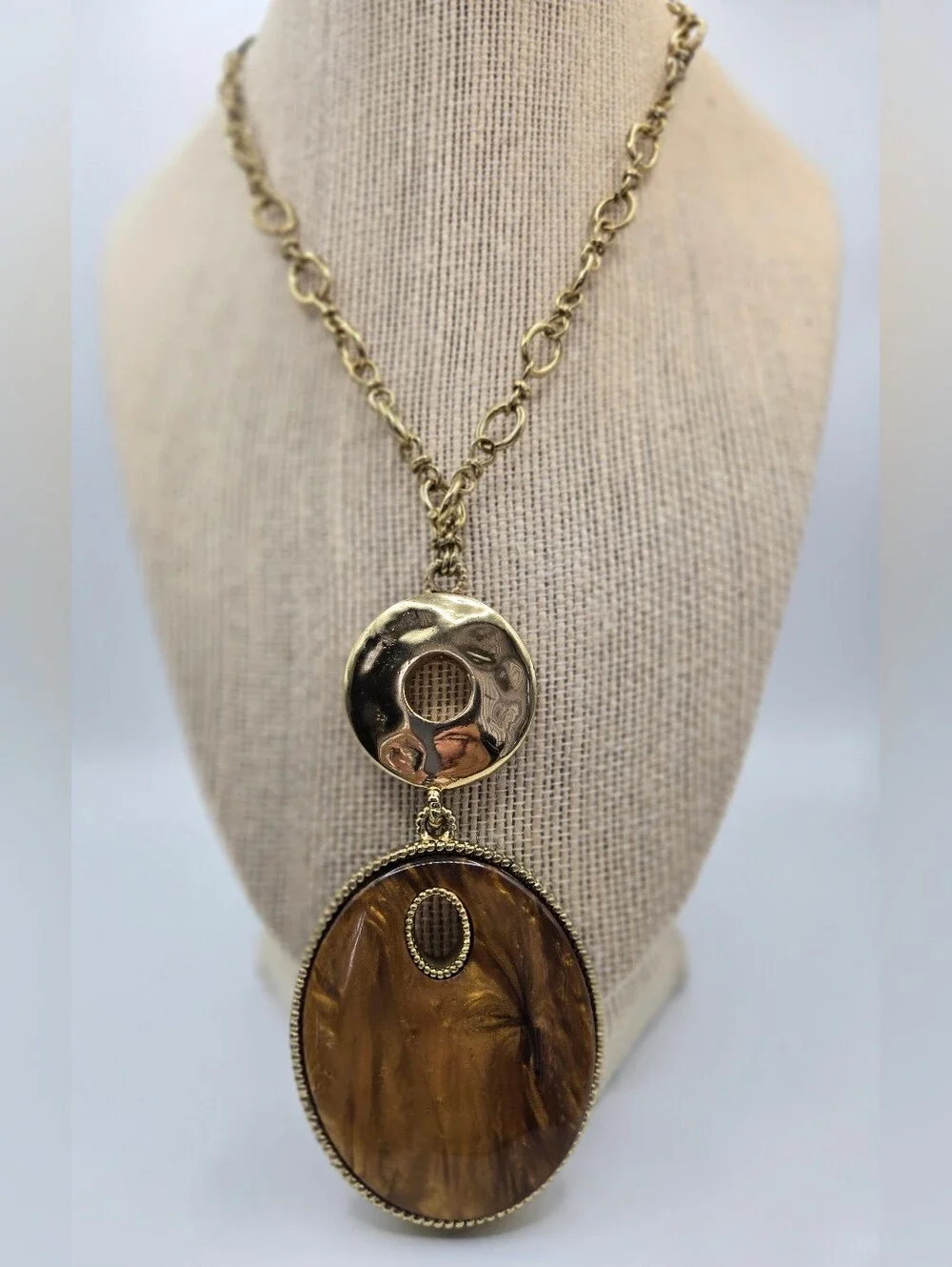 Chico's Goldtone Chain Reversible Leopard Animal Print Tiger's Eye Pendant READ*